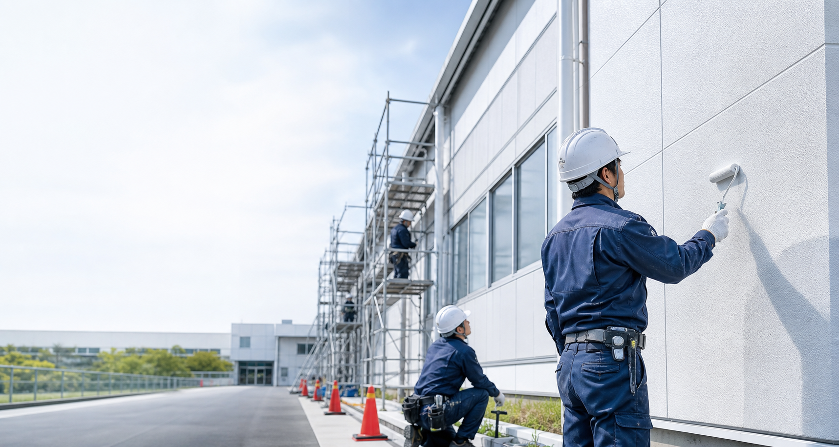 建物外壁の塗装現場を確認する職人